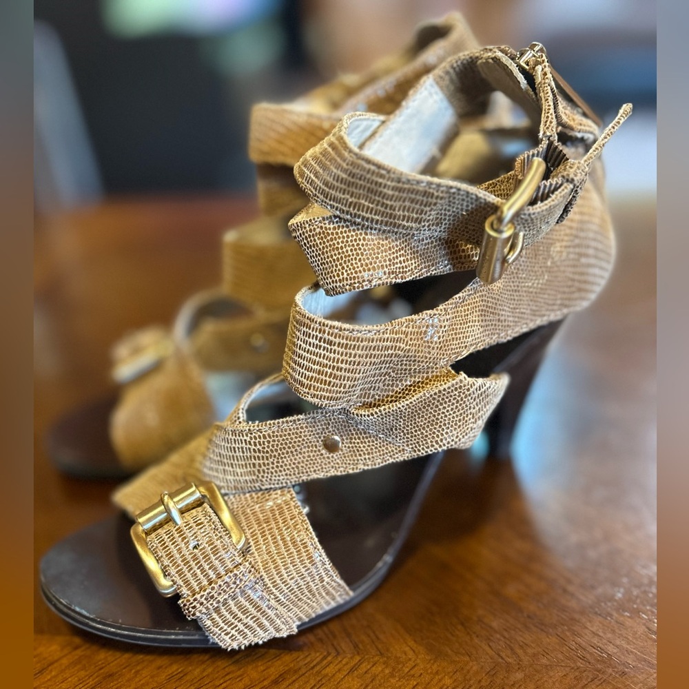 Michael Kors Tatum Cross Strap Reptile Embossed Cone Heels. Size 6M